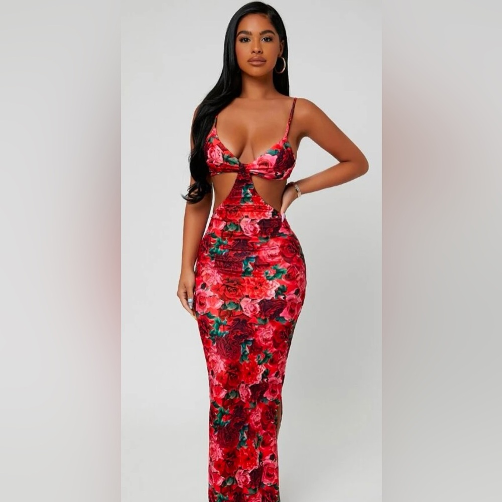 SXY Summer Front Knotted High Slit Floral Suspender Dress